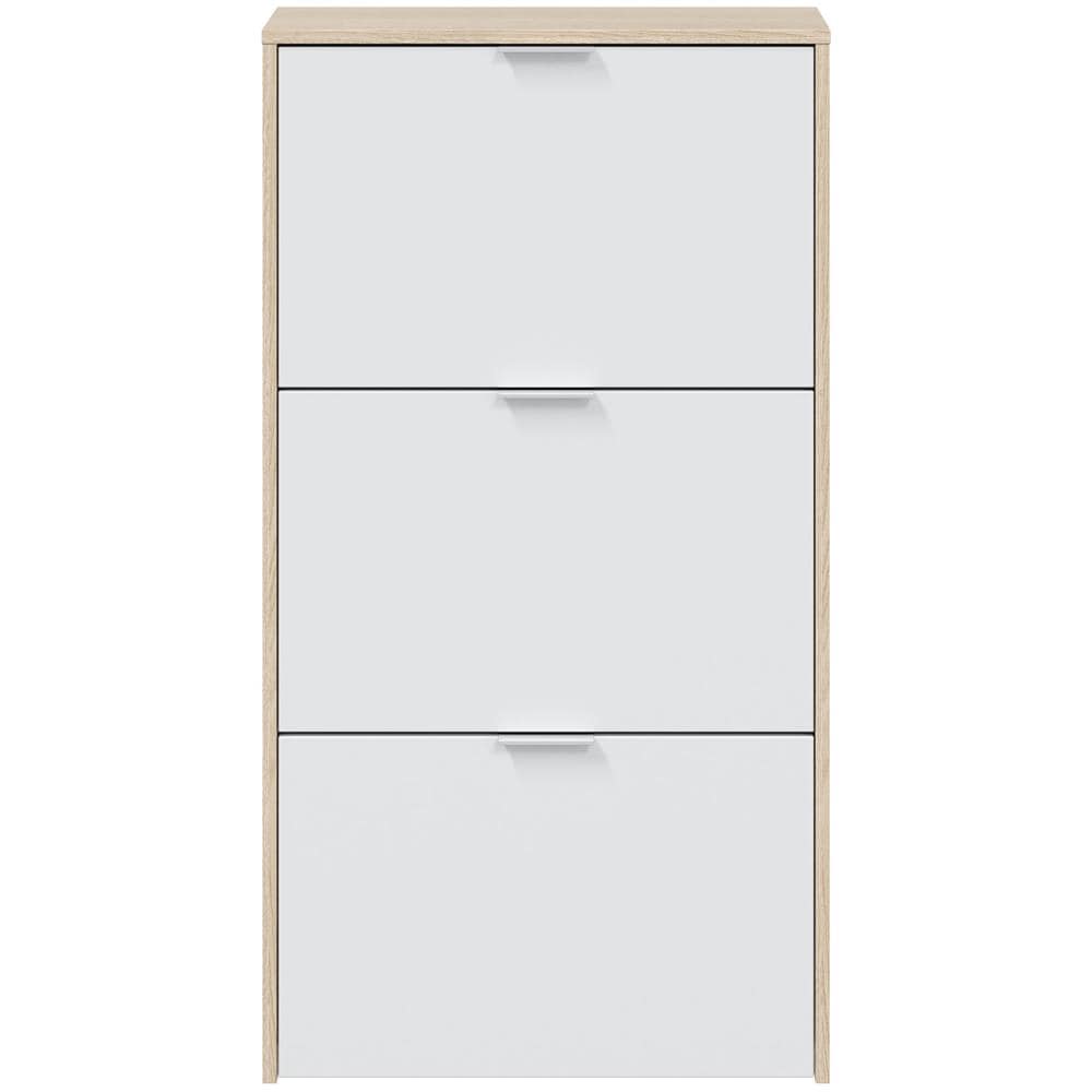 Scarpiera Escondido, Armadio Portascarpe A 3 Ante A Ribalta, Mobile Doppia Capienza Per Max 18 Paia Di Scarpe, 70x17h180 Cm, Rovere E Bianco Lucido - Foto 2
