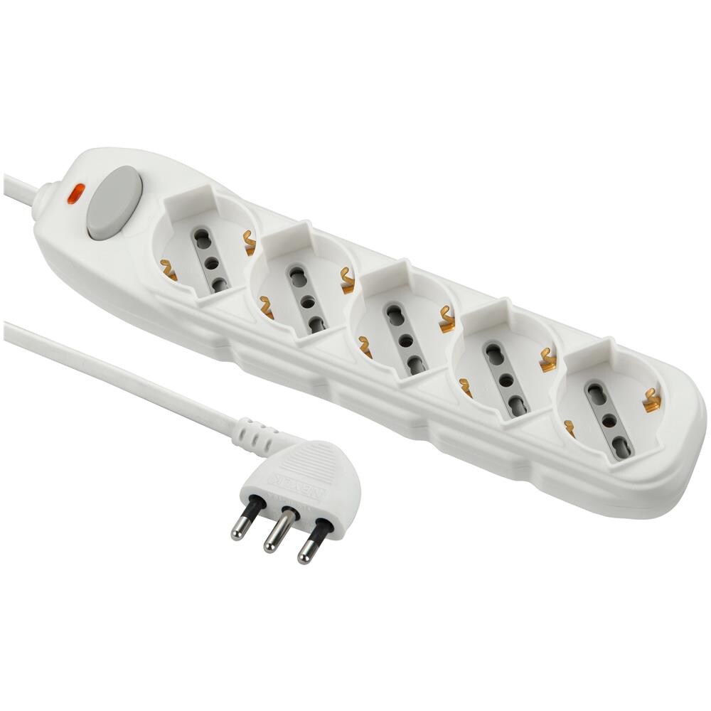 Multipresa 5 Posti Polivalenti (schuko + 10/16a). Con Interruttore, Cavo 1,5 M E Spina Salva Spazio - Foto 1