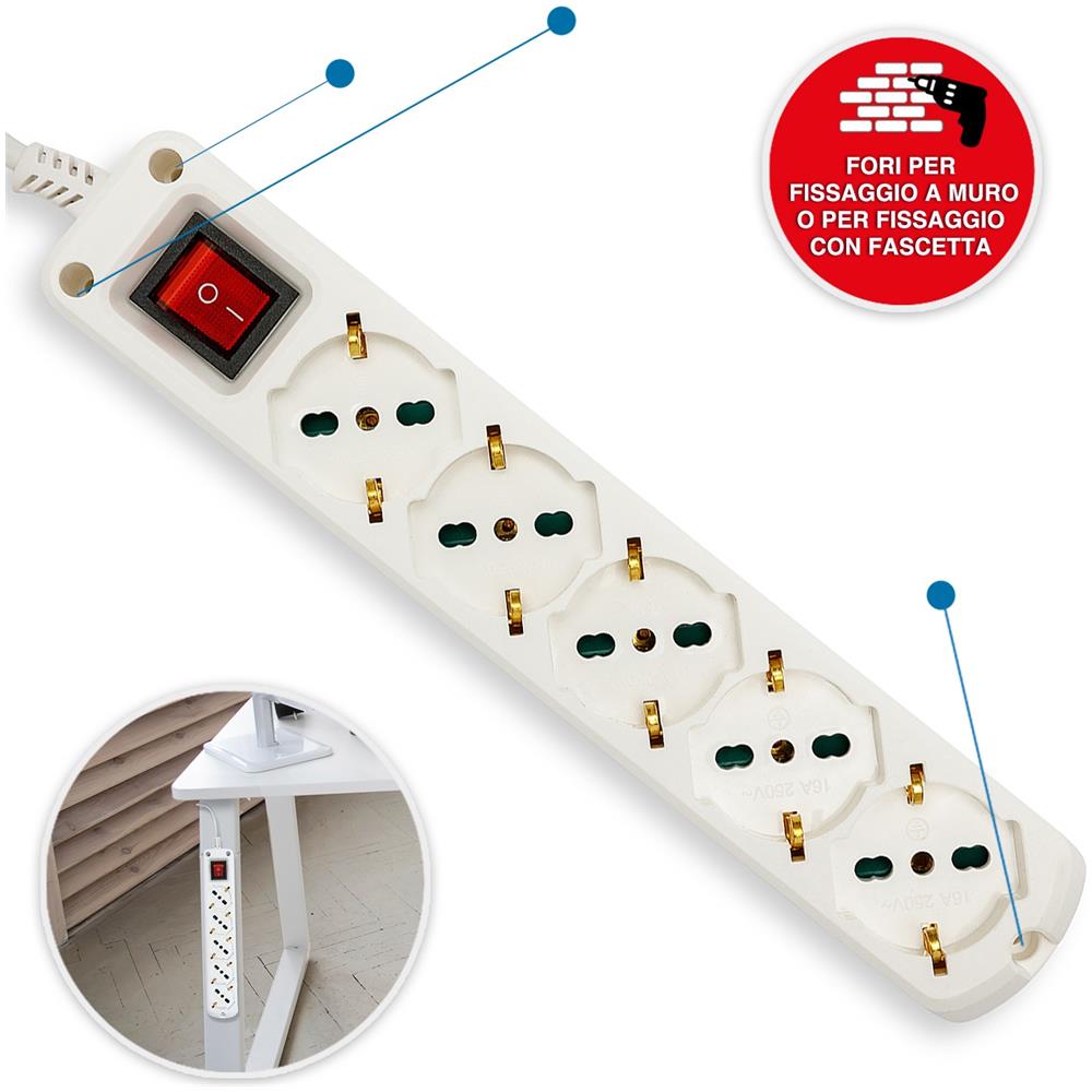 Multipresa 5 Posti Polivalenti (schuko + 10/16a). Con Interruttore, Cavo 1,5 M E Spina Salva Spazio - Foto 2