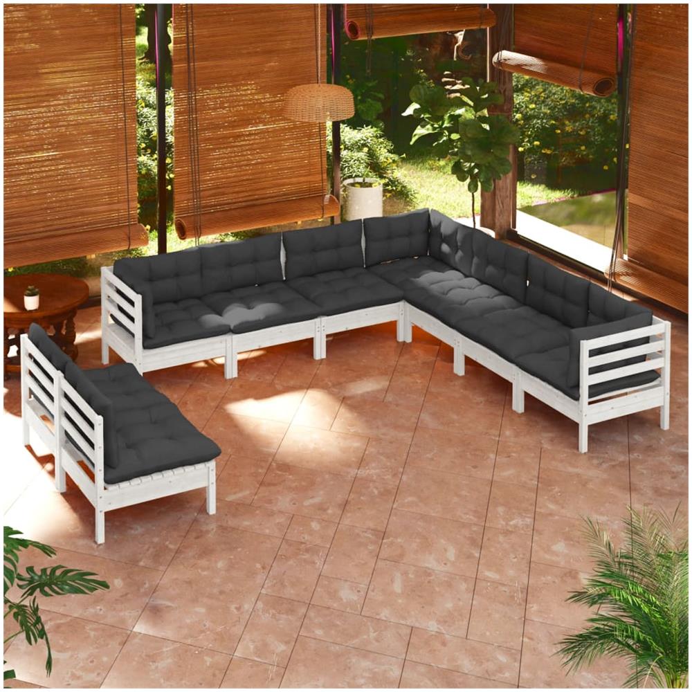 Set Divani Da Giardino 9 Pz Con Cuscini Bianchi Legno Di Pino - Foto 1