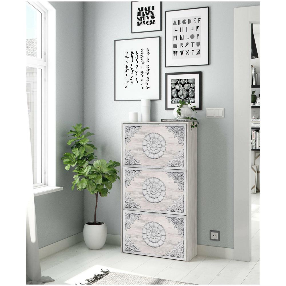 Scarpiera Escondido, Armadio Portascarpe A 3 Ante A Ribalta, Mobile Doppia Capienza Per Max 18 Paia Di Scarpe, 70x17h180 Cm, Bianco Anticato - Foto 1