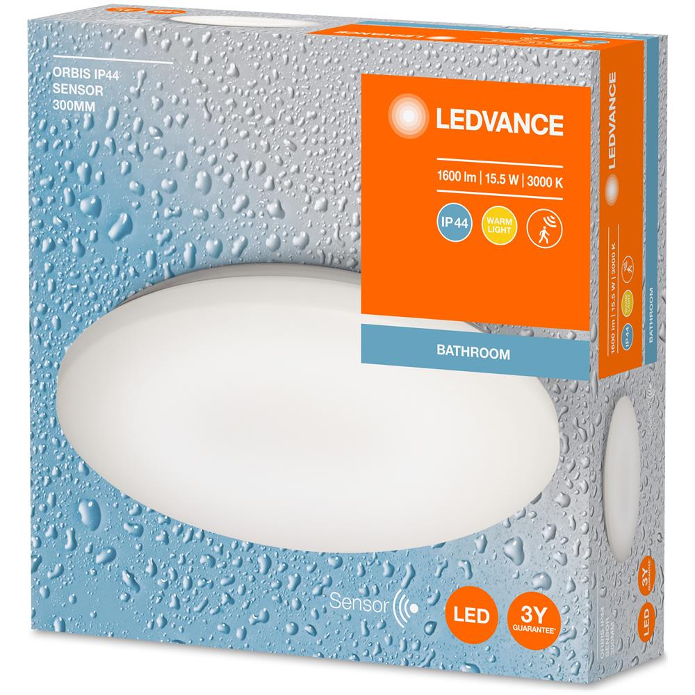 Ledvance Orbis Sensor Ip44 Apparecchio Led A Soffitto O A Parete Con Sensore, Ip44, Luce Bianca Calda, 15w, 1100 Lumen, 30cm Di Diametro. - Foto 3