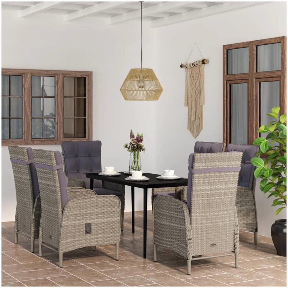 Set Da Pranzo Per Giardino 7 Pz Con Cuscini Grigio E Nero - Foto 1