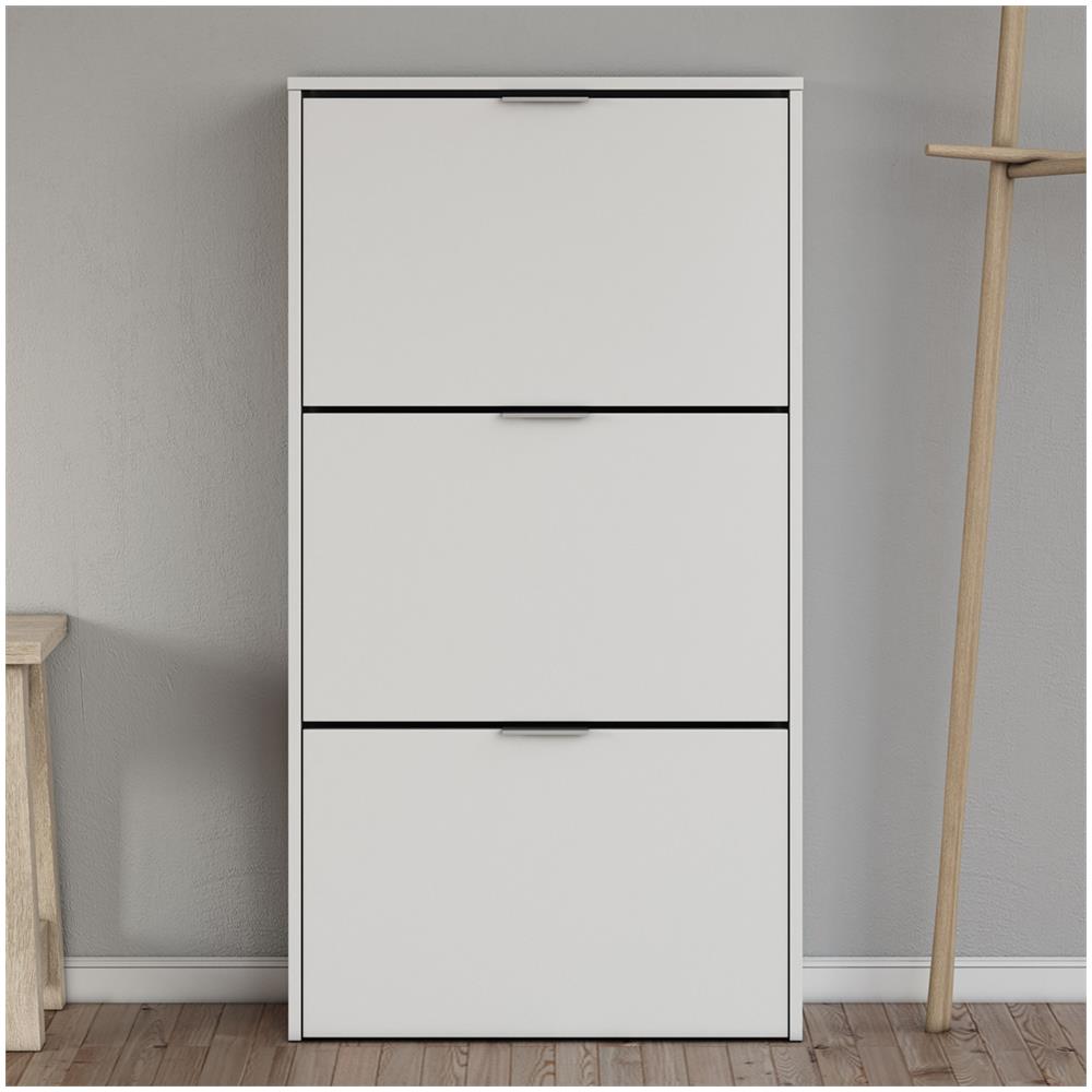 Scarpiera Escondido, Armadio Portascarpe A 3 Ante A Ribalta, Mobile Doppia Capienza Per Max 18 Paia Di Scarpe, 70x17h180 Cm, Bianco Lucido - Foto 1