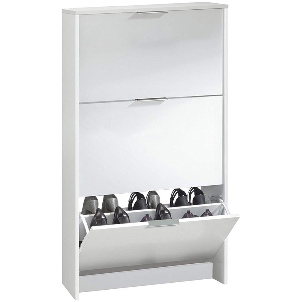 Scarpiera Escondido, Armadio Portascarpe A 3 Ante A Ribalta, Mobile Doppia Capienza Per Max 18 Paia Di Scarpe, 70x17h180 Cm, Bianco Lucido - Foto 4