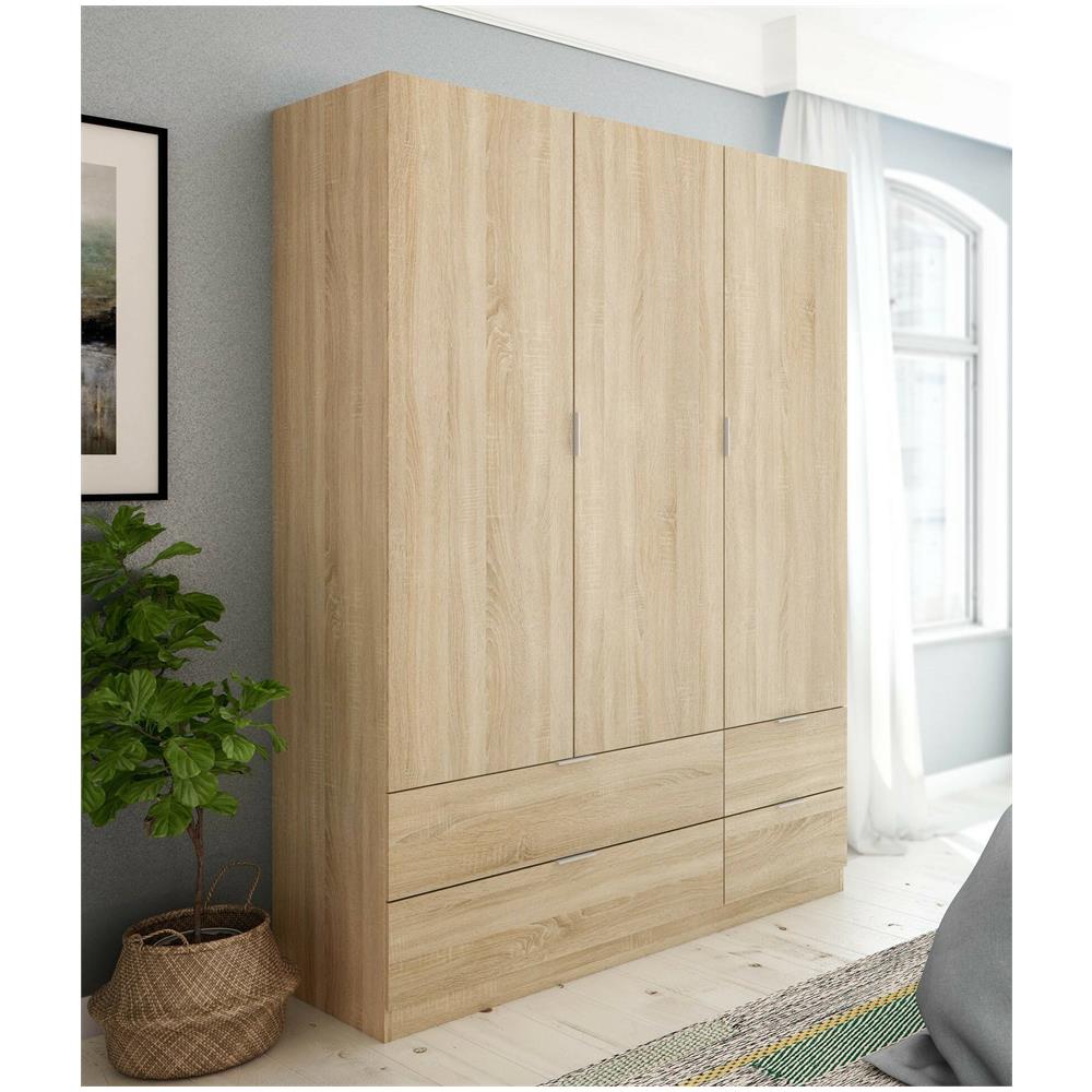 Guardaroba Weymouth, Mobile Camera Da Letto A 3 Ante E 2 Cassetti, Armadio Appendiabiti, 135x52h200 Cm, Rovere - Foto 1