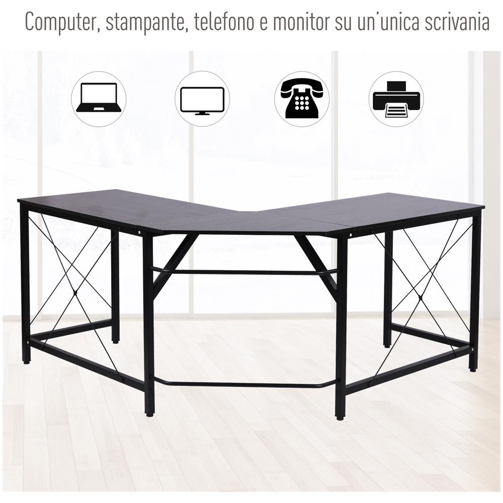 Scrivania Angolare Spaziosa In Legno E Metallo, Nero - Foto 2