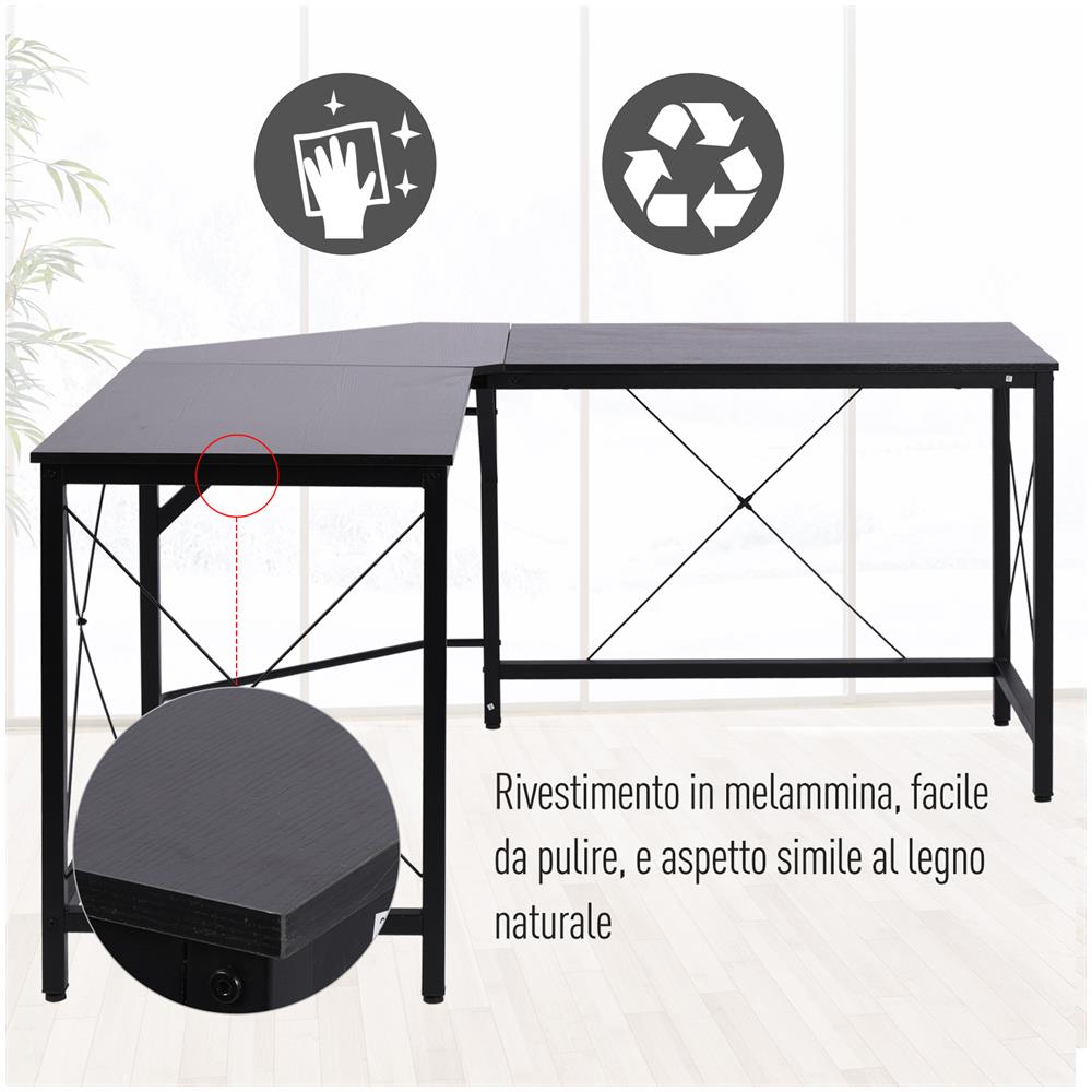 Scrivania Angolare Spaziosa In Legno E Metallo, Nero - Foto 8