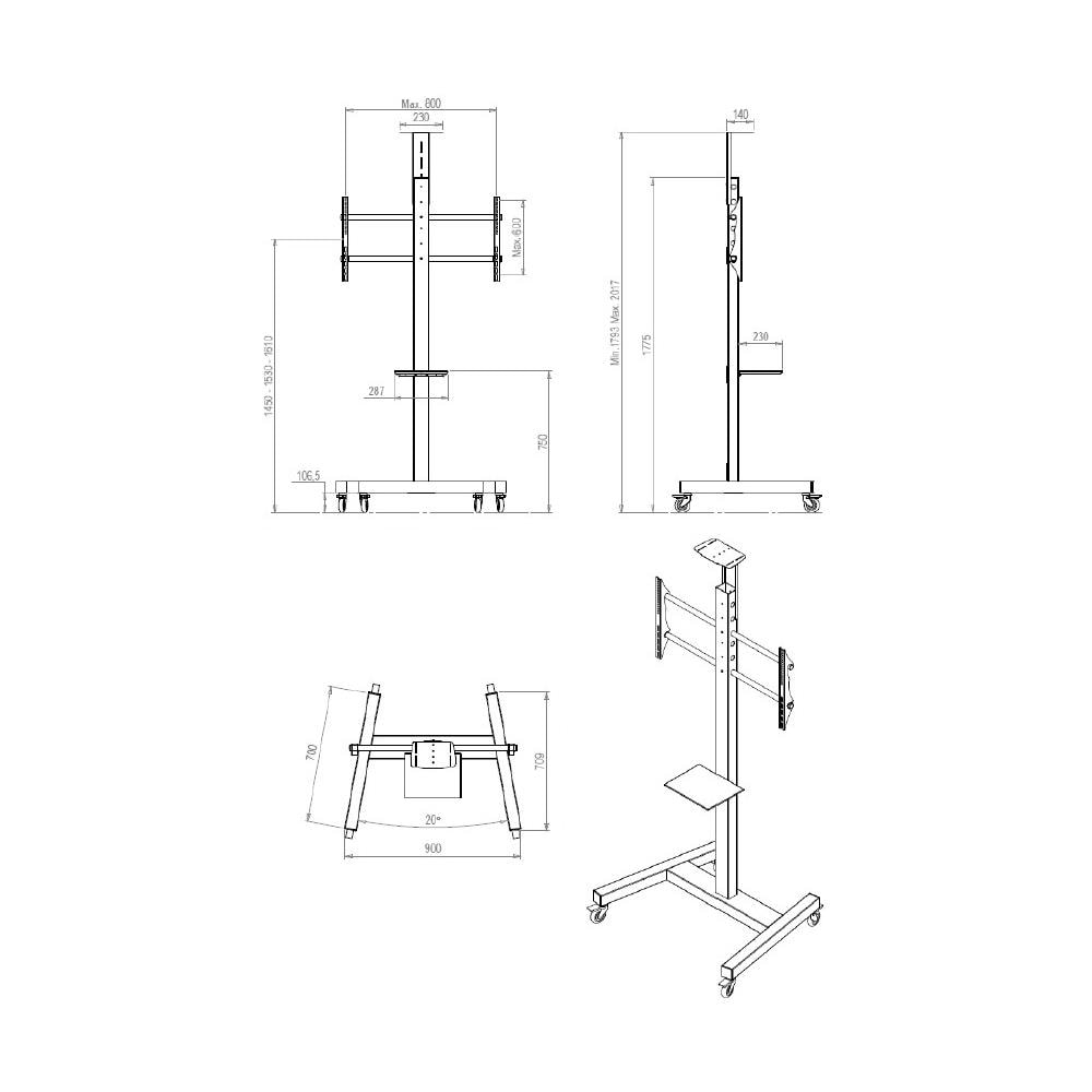 Fix Trolley Carrello Vesa 800x600 per Schermi fino a 90" / 75" Touch Portata Max 80 Kg  - Foto 3