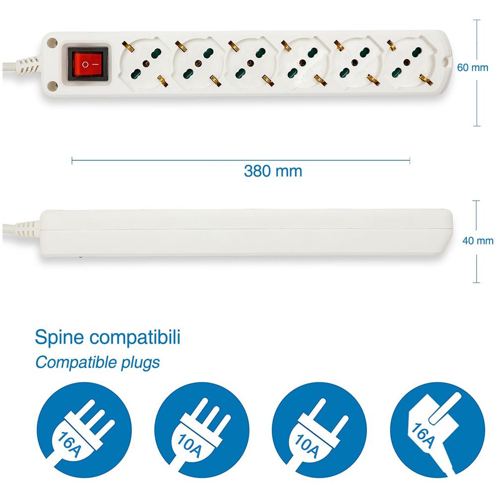 Multipresa Con Interruttore Luminoso, 6 Prese Schuko Bivalenti 10/16a, Cavo 1,5m - Foto 2