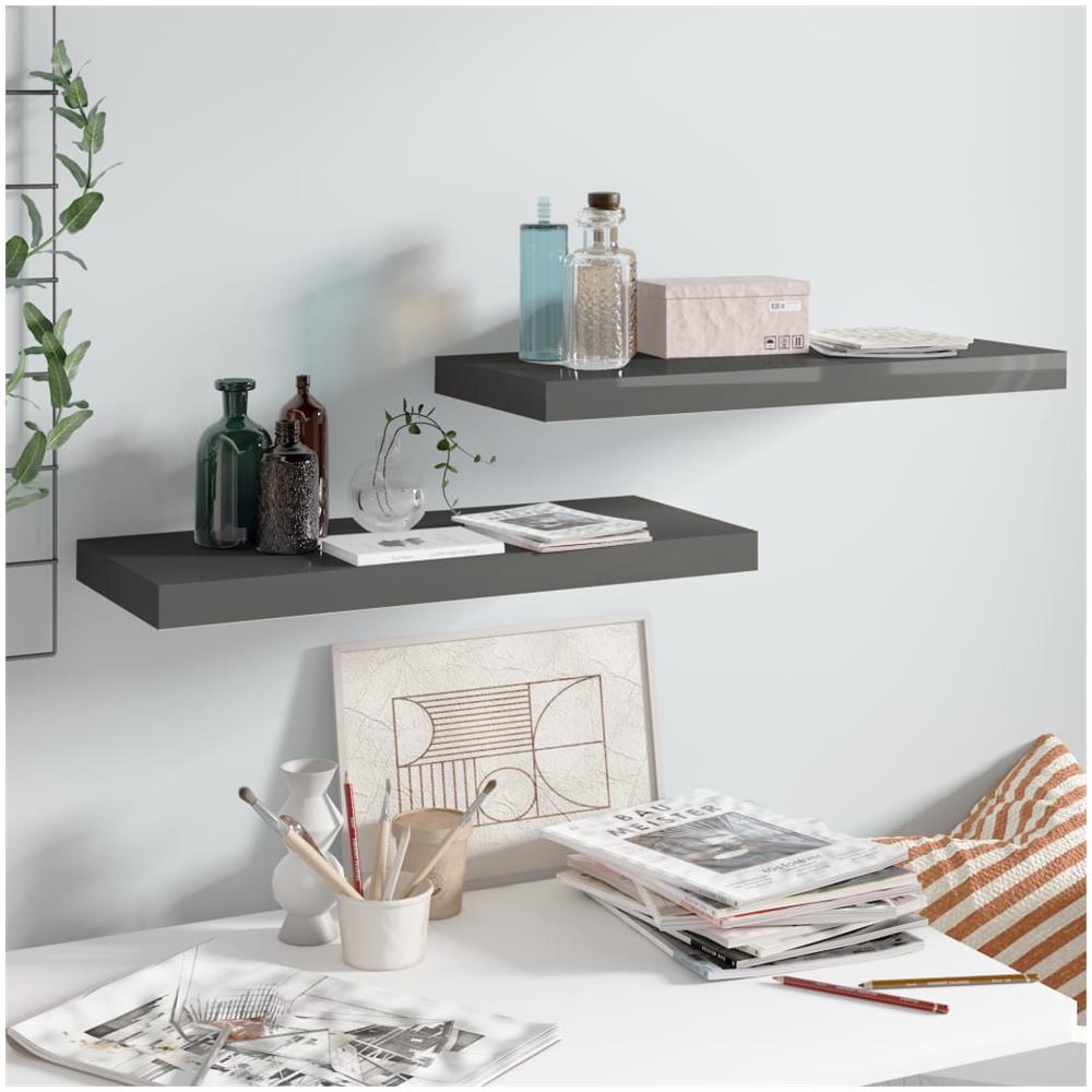Scaffali A Parete 2 Pz Grigio Lucido 60x23,5x3,8 Cm In Mdf - Foto 1