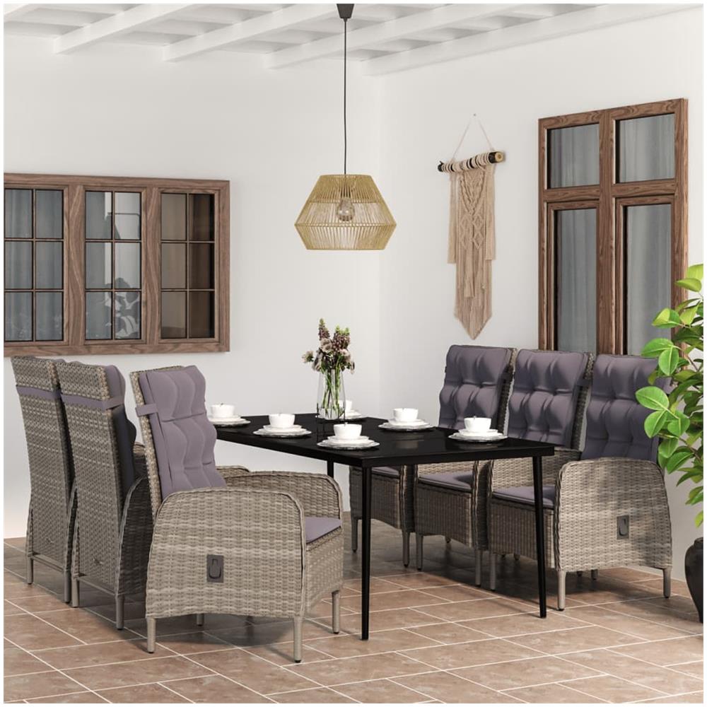 Set Da Pranzo Per Giardino 7 Pz Con Cuscini Grigio E Nero - Foto 1