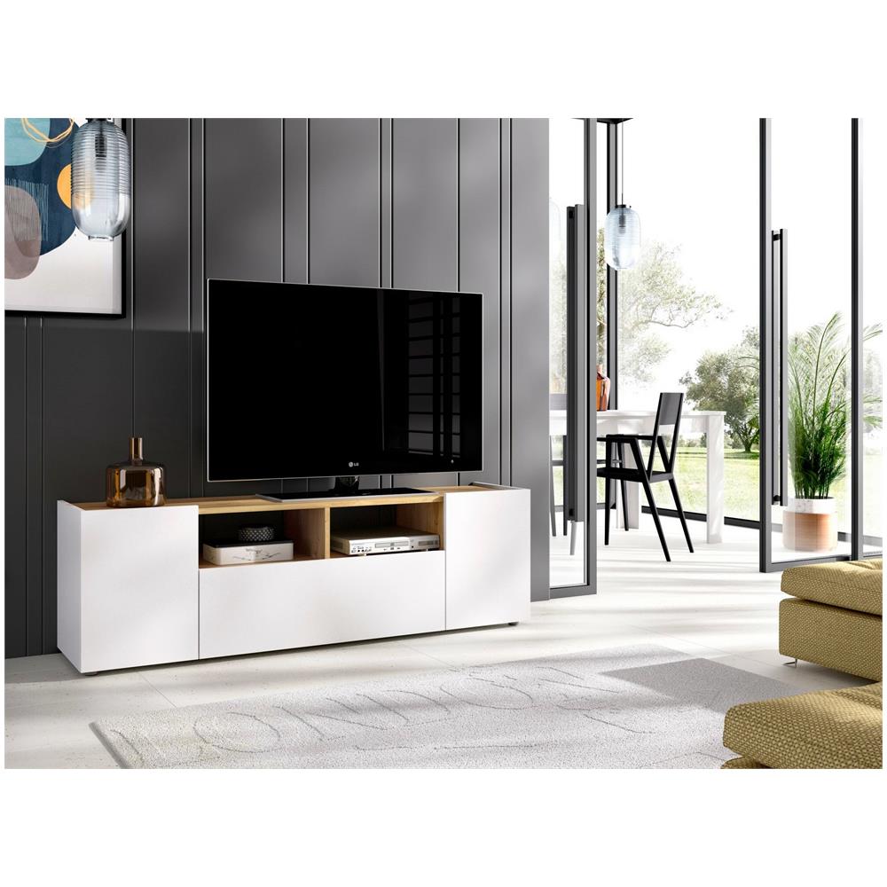 Mobile Porta Tv Etna, Credenza Bassa Da Soggiorno, Madia Da Salotto Per Televisione, 142x35h44 Cm, Bianco E Rovere Nodi - Foto 1