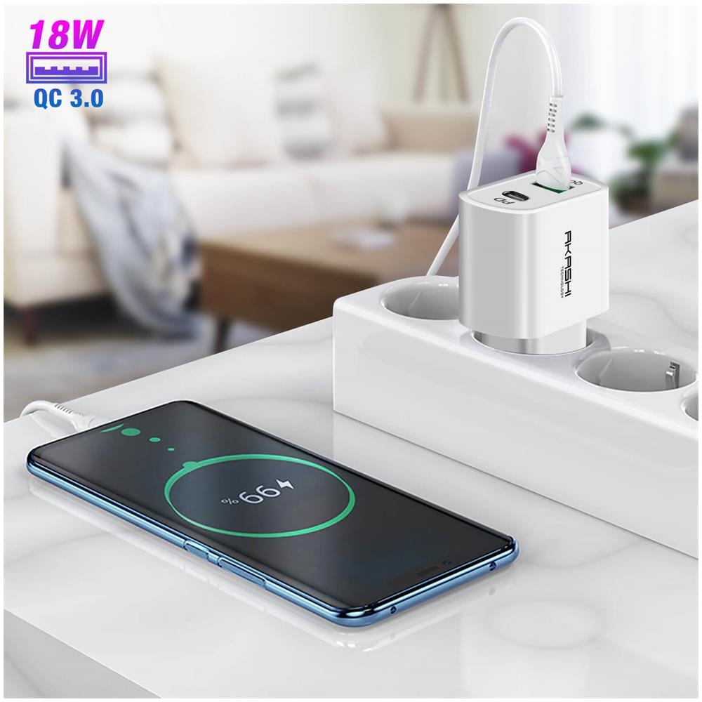 Caricatore Da Muro 38w Doppio Usb-a Qc 3.0 + Usb-c Power Delivery Bianco - Foto 5