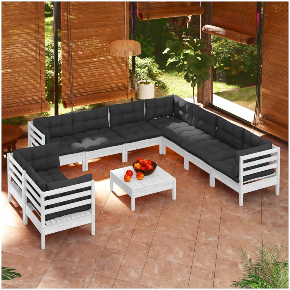 Set Divani Da Giardino 10 Pz Con Cuscini Bianchi Legno Di Pino - Foto 1