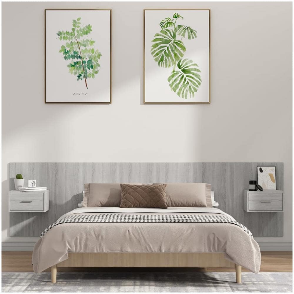 Testiera Letto con Comodini in Legno Multistrato Grigio Sonoma - Foto 1