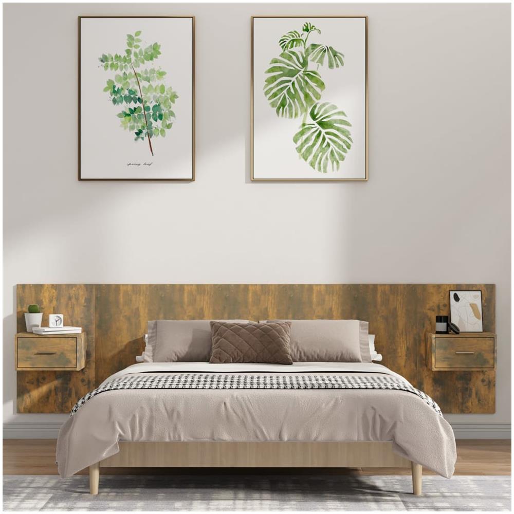 Testiera Letto Con Comodini In Legno Multistrato Rovere Fumo - Foto 1