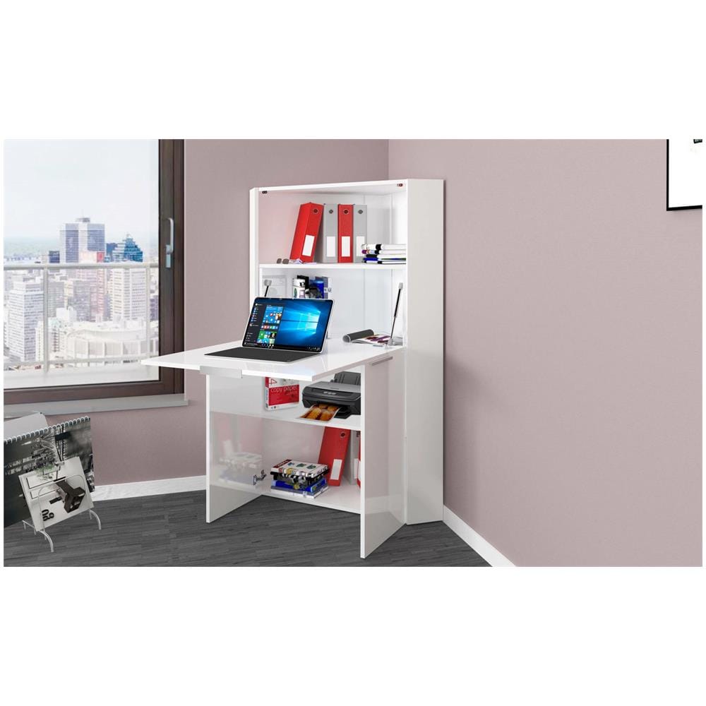 Scrivania Gianmaria, Mobile Multiuso Con Scaffali E Piano Da Lavoro, Tavolo Multiuso Per Ufficio, Scrivania Salvaspazio Multiposizione, 100% Made In Italy, Cm 70x57h140, Bianco Lucido - Foto 1