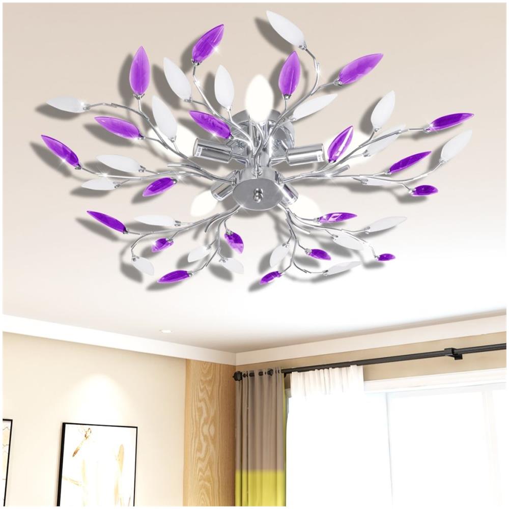 Lampada Da Soffitto Bianca E Viola Con Cristalli Acrilici 5 E14 - Foto 2