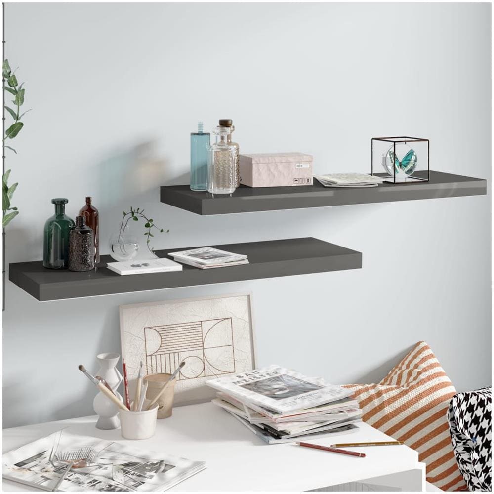 Scaffali A Parete 2 Pz Grigio Lucido 80x23,5x3,8 Cm In Mdf - Foto 1