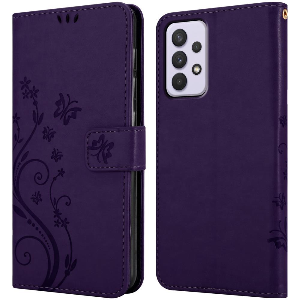 Custodia Compatibile Con Samsung Galaxy A33 5g In Lilla Scuro Fiore - Coperchio Protettivo In Design Floreale Con Chiusura Magnetica, Funzione Stand E Slot Per Carte - Foto 7