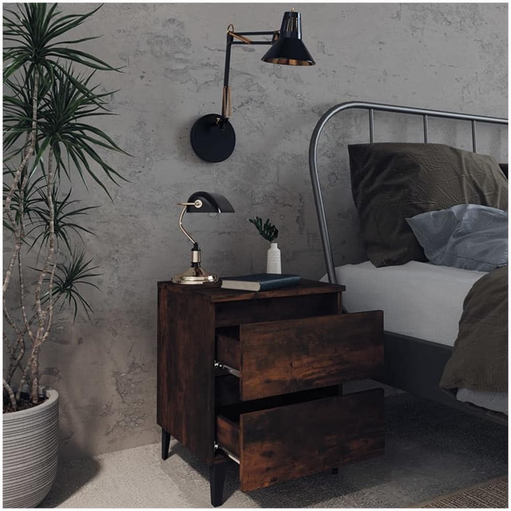Comodini con Gambe in Legno Massello 2pz Rovere Fumo 40x30x50cm - Foto 3