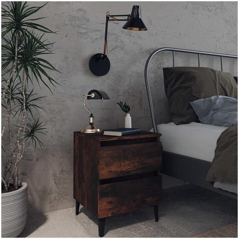 Comodini con Gambe in Legno Massello 2pz Rovere Fumo 40x30x50cm - Foto 1