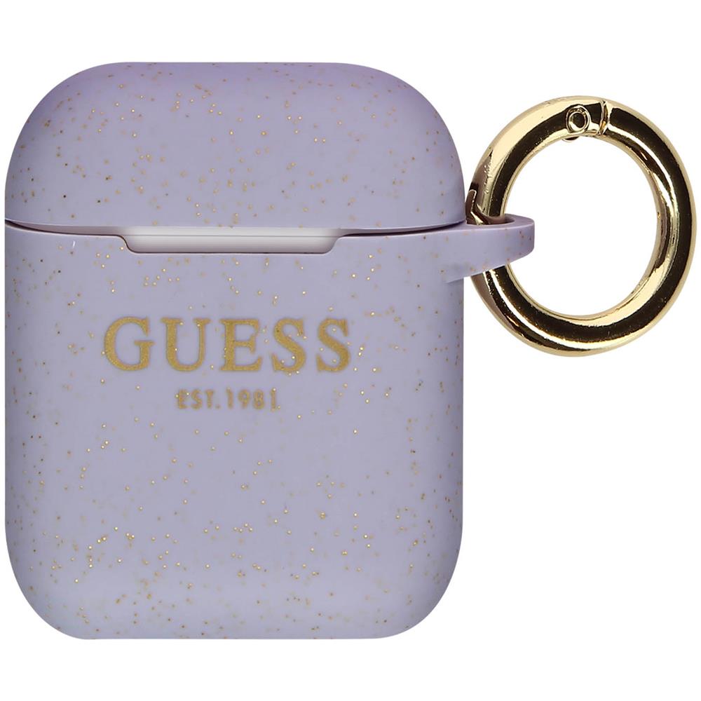 Cover Per Airpods Silicone Gel Finitura Glitterata Logo Guess Viola - Foto 2