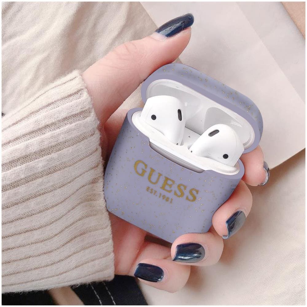 Cover Per Airpods Silicone Gel Finitura Glitterata Logo Guess Viola - Foto 5