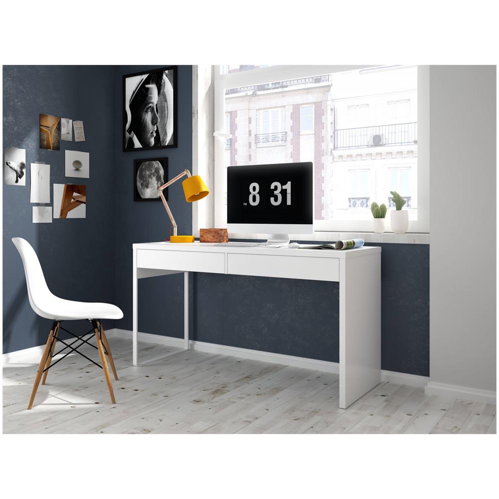 Scrivania Houston, Scrittoio Multifunzione Reversibile Da Ufficio, Tavolo Da Studio Porta Pc Con 2 Cassetti, 138x50h75 Cm, Bianco Lucido - Foto 1