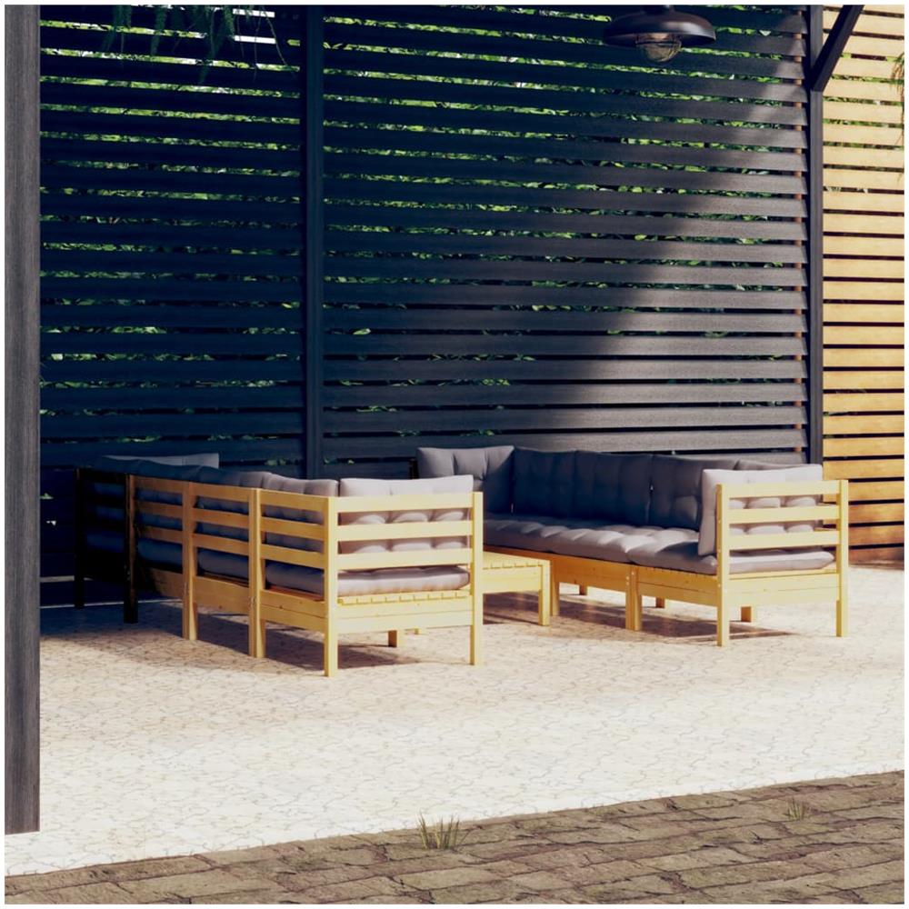 Set Divani Da Giardino 9 Pz Con Cuscini Grigi Massello Di Pino - Foto 1
