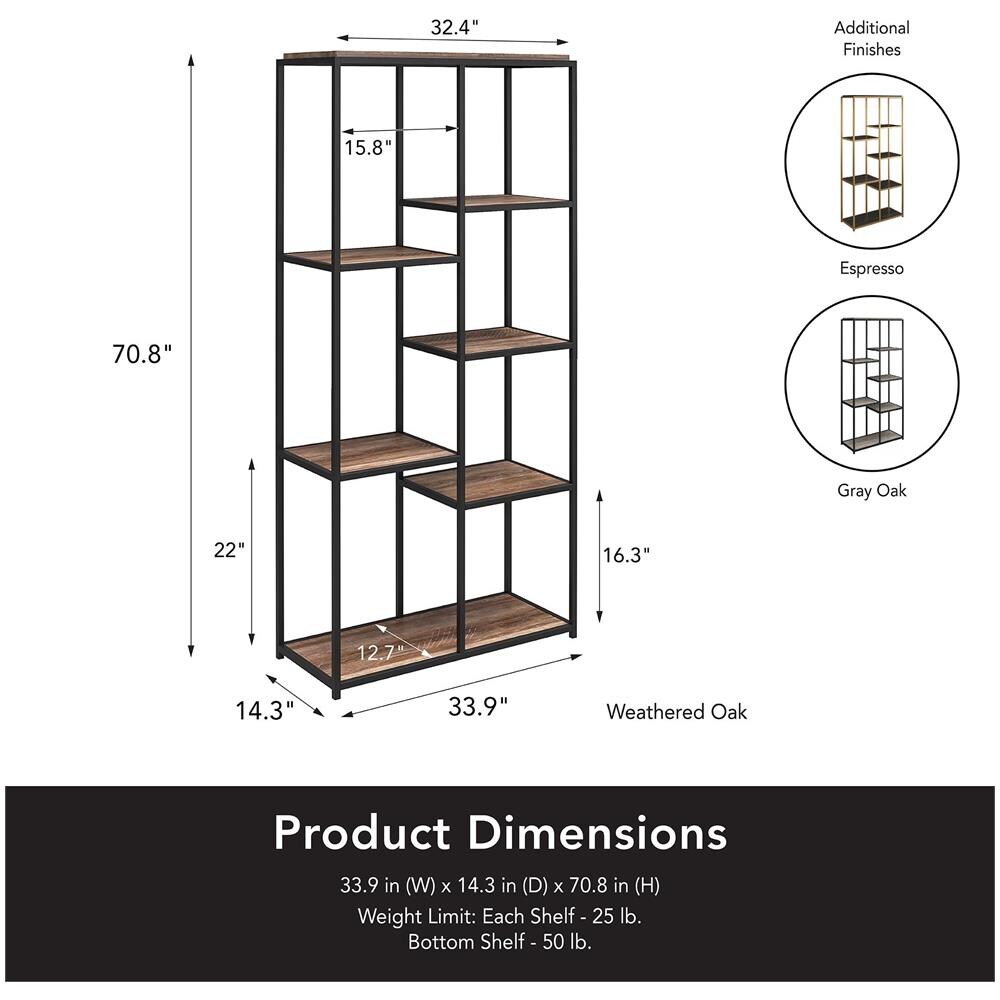 Quincy Libreria A 5 Ripiani In Truciolare Laminato Rovere Grigio E Struttura In Metallo Nero - Foto 2
