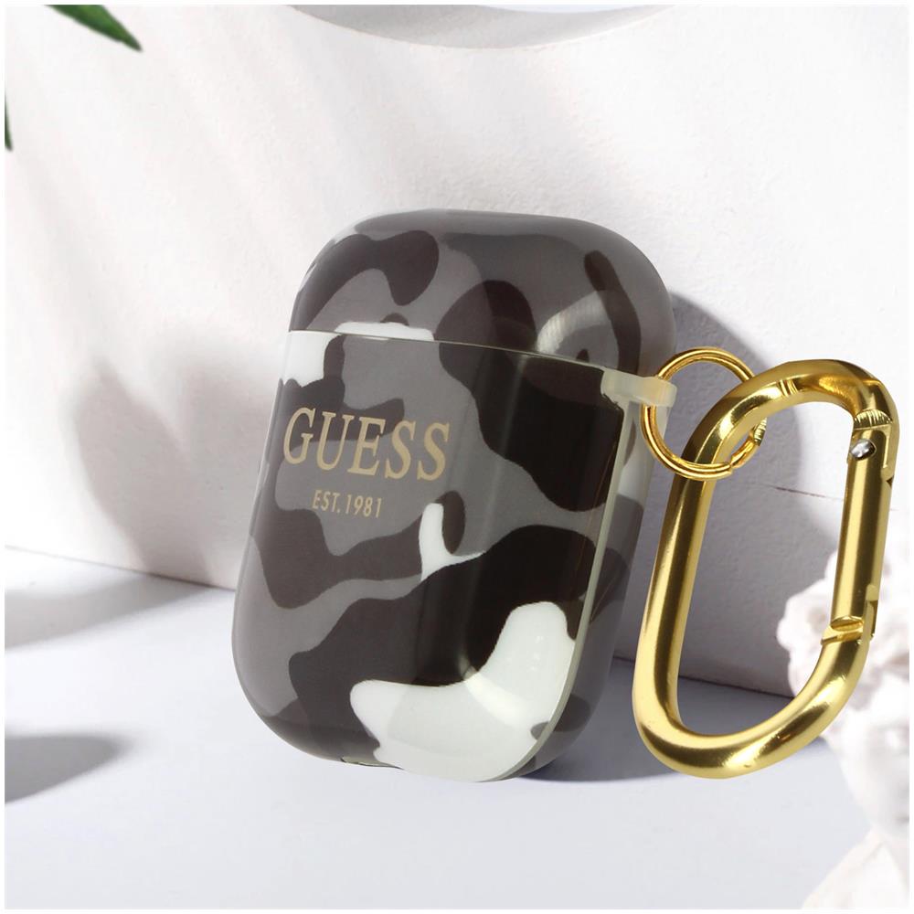 Cover Per Airpods Semi-rigida Stampa Camouflage Logo Guess Grigia - Foto 2