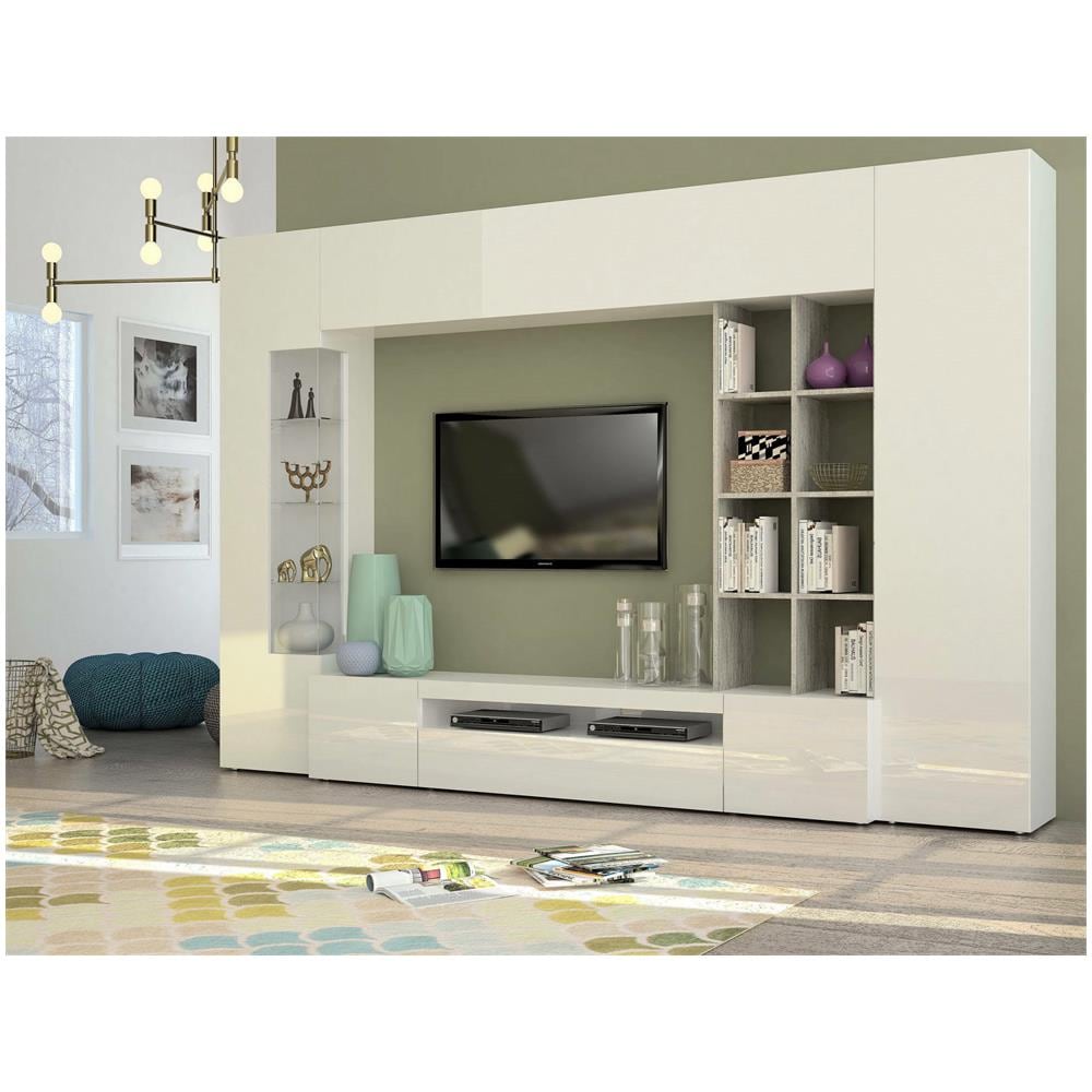 Parete Attrezzata Ocean, Set Salotto Porta Tv, Mobile Soggiorno Multiuso Con Luce Led, 100% Made In Italy, Cm 290x40h192, Bianco Lucido E Cemento - Foto 1