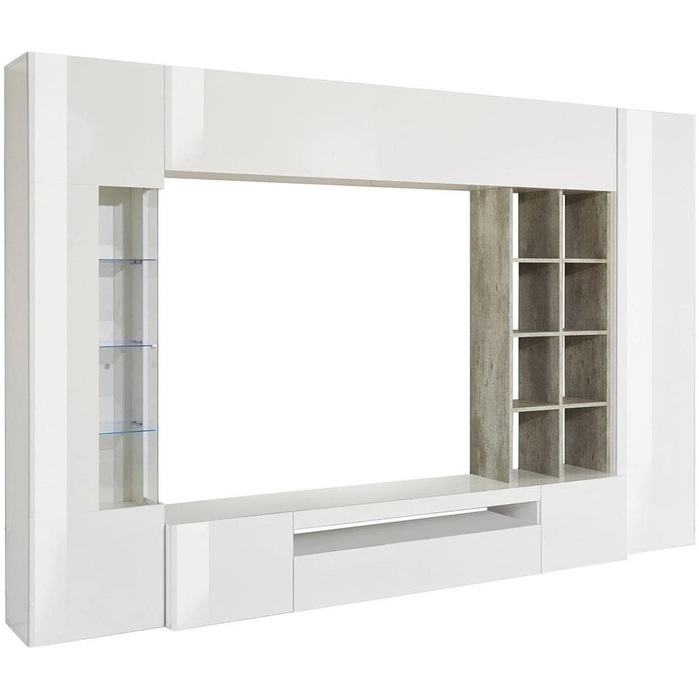 Parete Attrezzata Ocean, Set Salotto Porta Tv, Mobile Soggiorno Multiuso Con Luce Led, 100% Made In Italy, Cm 290x40h192, Bianco Lucido E Cemento - Foto 2