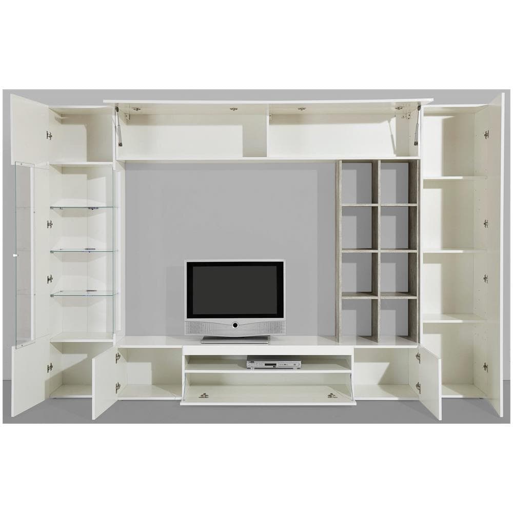 Parete Attrezzata Ocean, Set Salotto Porta Tv, Mobile Soggiorno Multiuso Con Luce Led, 100% Made In Italy, Cm 290x40h192, Bianco Lucido E Cemento - Foto 4