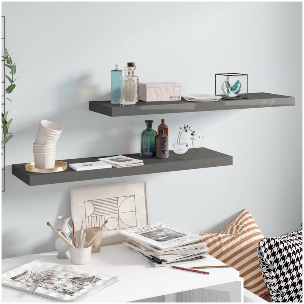 Scaffali A Parete 2 Pz Grigio Lucido 90x23,5x3,8 Cm In Mdf - Foto 1