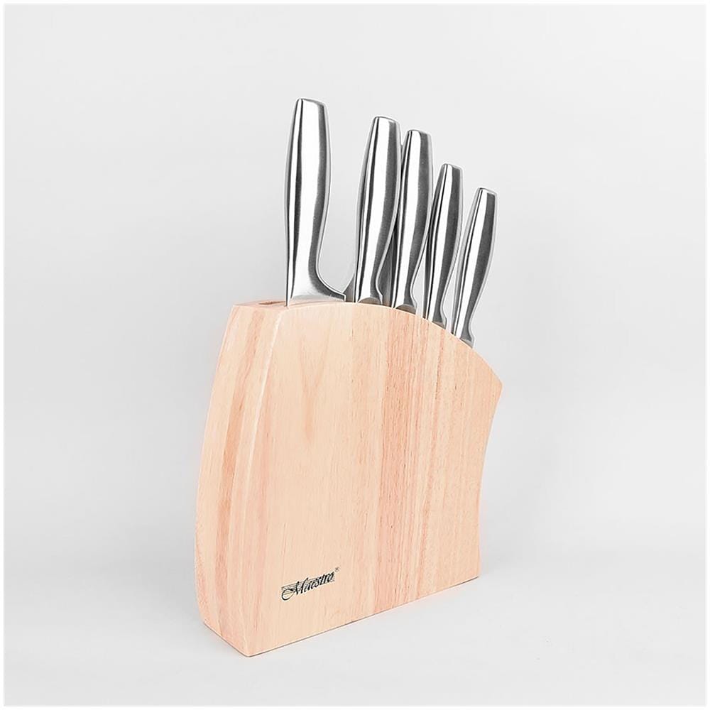 Mr-1411 Set Coltelli Cucina 7 Pezzi Ceppo Coltelli In Legno, Lame Acciaio Inox, Tagliere Argento - Foto 2