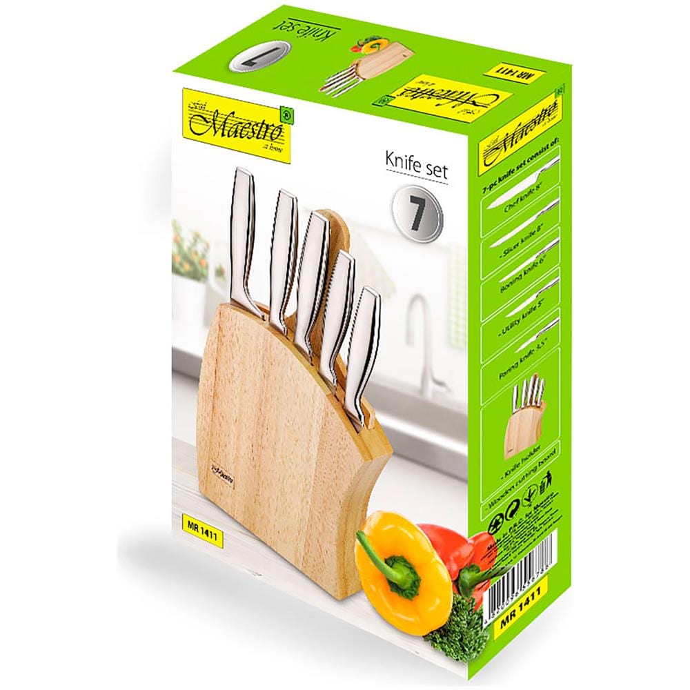 Mr-1411 Set Coltelli Cucina 7 Pezzi Ceppo Coltelli In Legno, Lame Acciaio Inox, Tagliere Argento - Foto 7