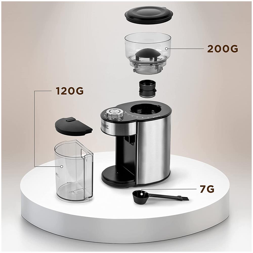 Bg200 Macinacaffè Elettrico Con Cono | Macinino Per Caffè 200w | 35 Opzioni Di Macinatura | Contenitore Per Chicchi 200g | Contenitore Caffè 120g | Incluso Misurino Con Pennello Per Pulizia - Foto 2