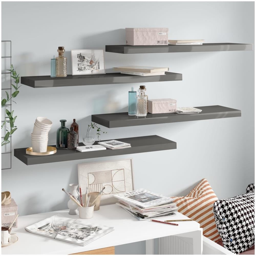 Scaffali A Parete 4 Pz Grigio Lucido 90x23,5x3,8 Cm In Mdf - Foto 1