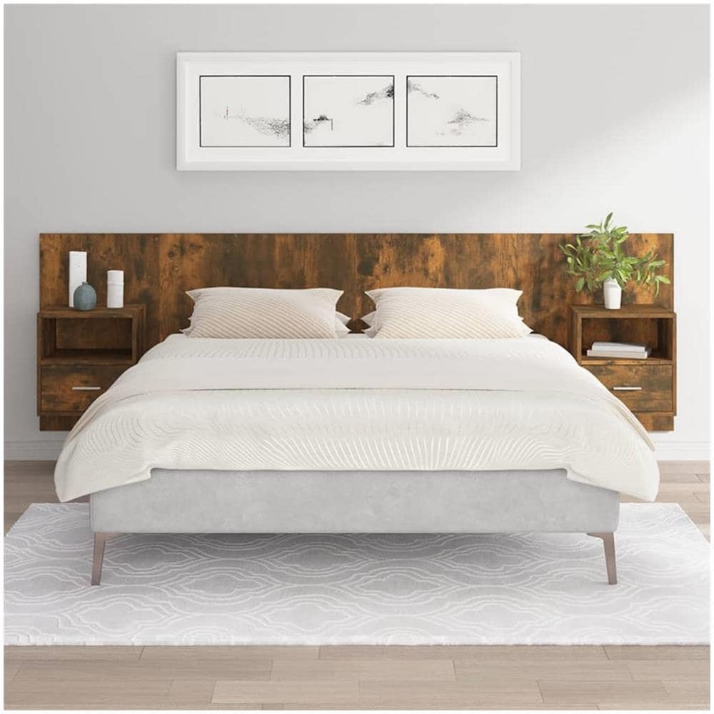 Testiera Letto Con Comodini Rovere Fumo In Legno Multistrato - Foto 1
