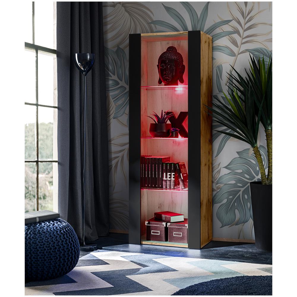 Komodee, Vetrina Tivoli, Wotan/nero, Larghezza 55 Cm X Altezza 159 Cm X Profondità 35 Cm, Led Rgb, 3 Ripiani, Per Soggiorno, Camera Da Letto, Anticamera - Foto 1