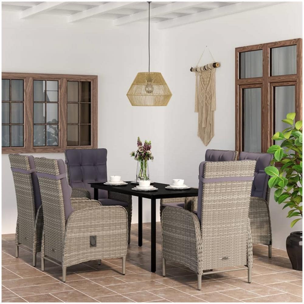 Set Da Pranzo Per Giardino 7 Pz Con Cuscini Grigio E Nero - Foto 1