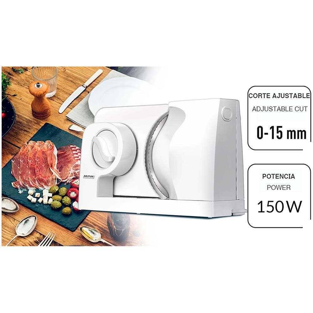Mpm Mkr-05 Affettatrice Elettrica Pieghevole, Taglio Regolabile Fino A 15 Mm Acciaio Inox 150w Bianco - Foto 2