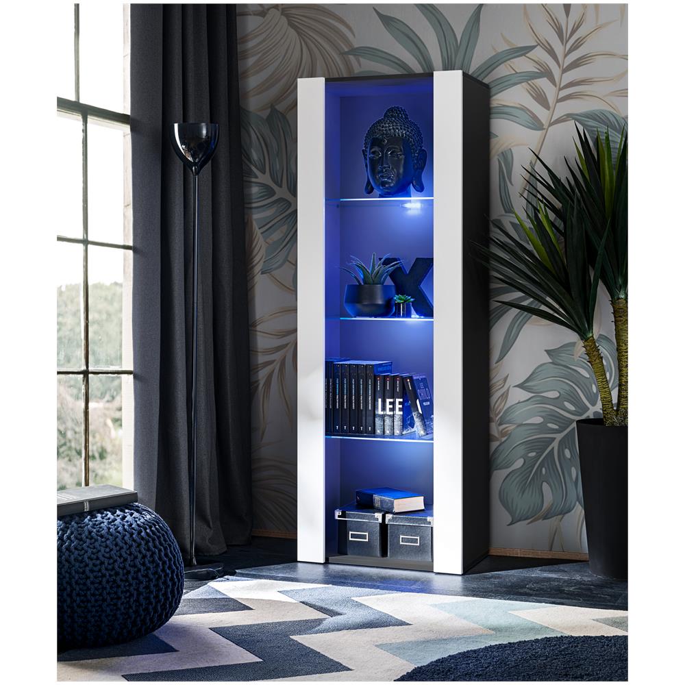 Komodee, Vetrina Tivoli, Nero/bianco, Larghezza 55 Cm X Altezza 159 Cm X Profondità 35 Cm, Led Blu, 3 Ripiani, Per Soggiorno, Camera Da Letto, Anticamera - Foto 1