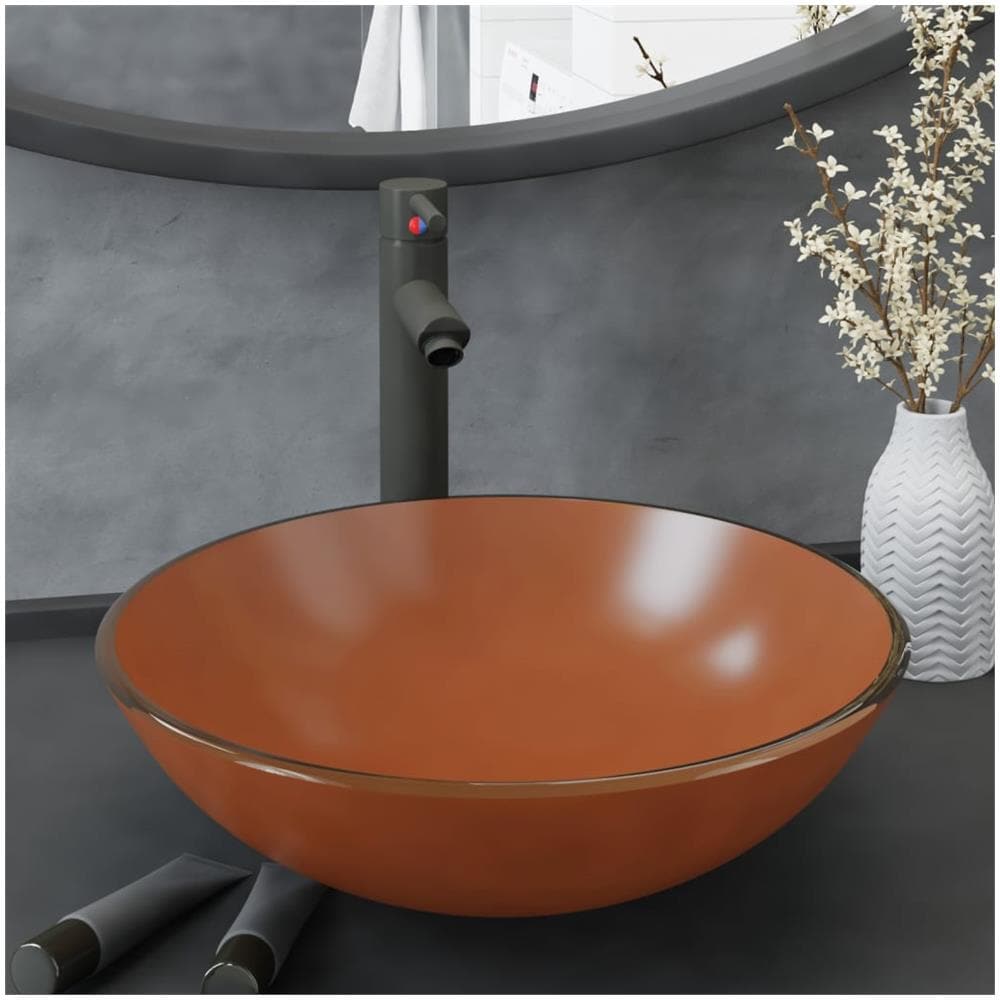 Lavandino Con Rubinetto E Piletta In Vetro Temperato Marrone - Foto 1