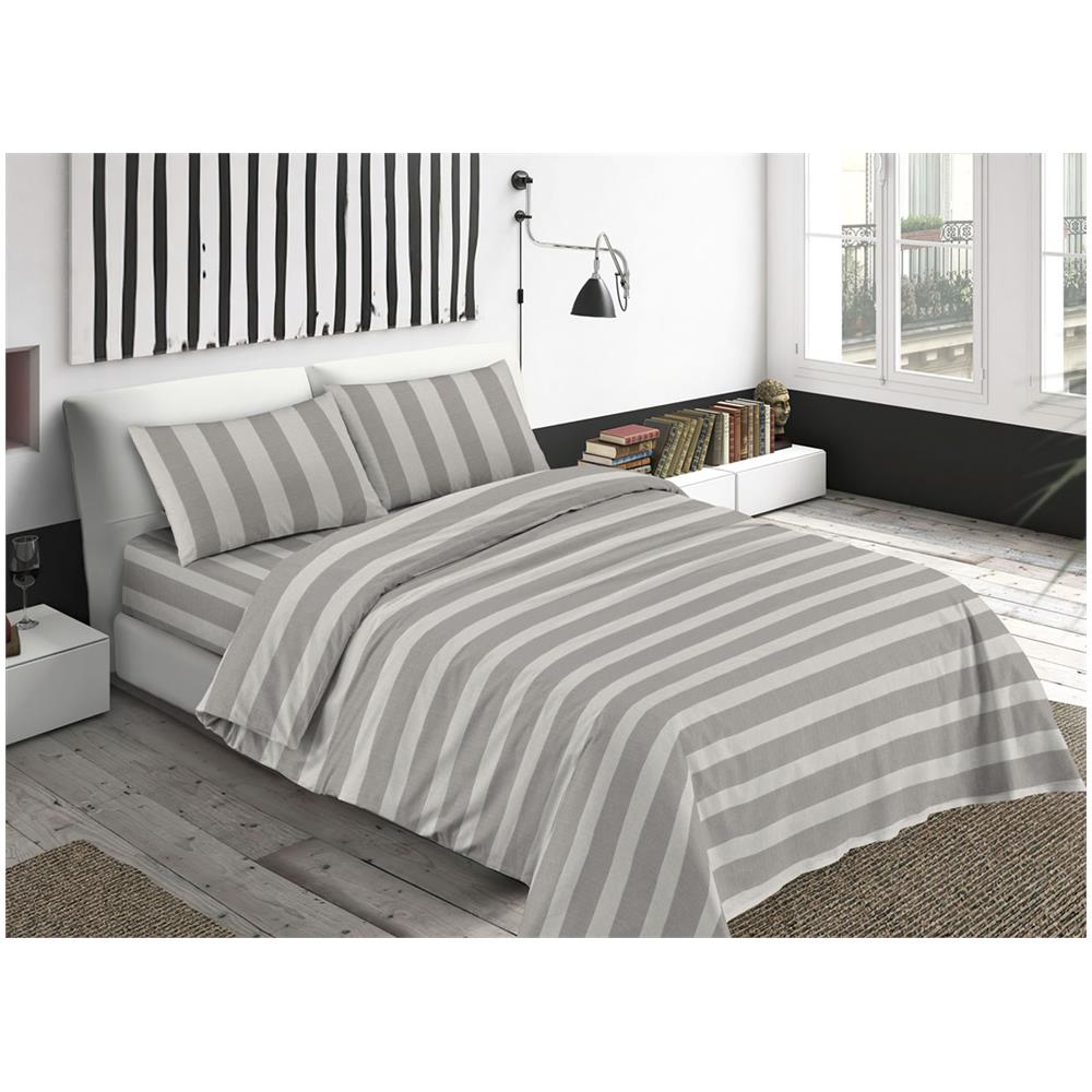 Completo Lenzuola Letto Camera In 100% Cotone Made Italy Vari Disegni Rp Piazza 1-2 Riga Larga Grigio - Foto 1