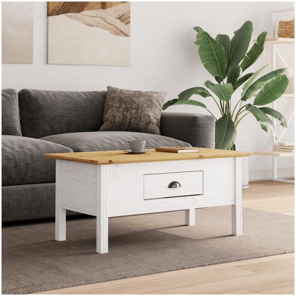 Tavolino Bodo 100x55x45 Cm Legno Massello Pino Bianco E Marrone - Foto 1