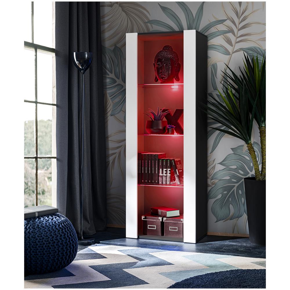 Komodee, Vetrina Tivoli, Nero/bianco, Larghezza 55 Cm X Altezza 159 Cm X Profondità 35 Cm, Led Rgb, 3 Ripiani, Per Soggiorno, Camera Da Letto, Anticamera - Foto 1
